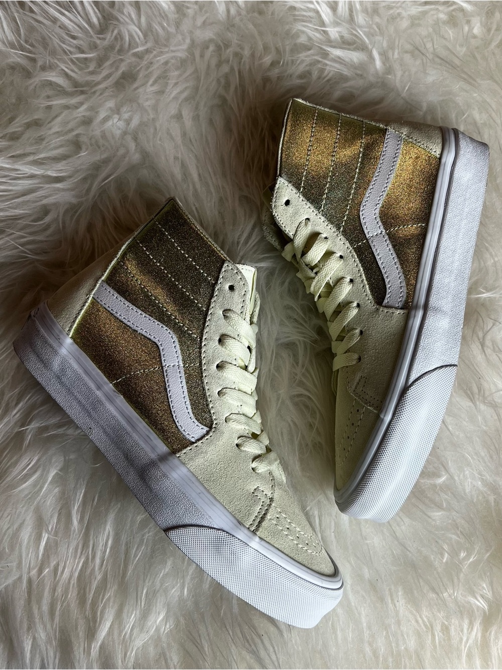 Vans Women's High-Top Sneakers in Metallic Gold and Cream Size 8